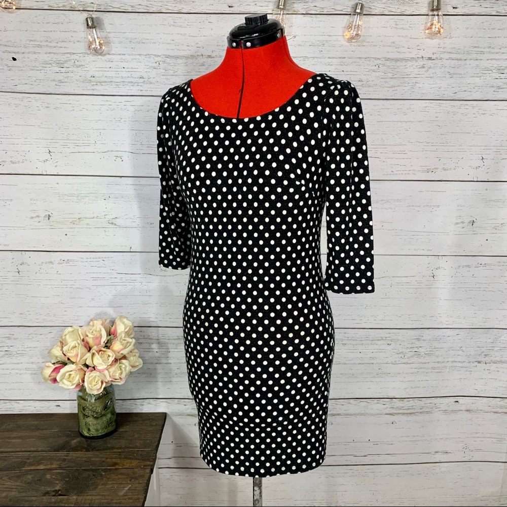 EVERLY Black and White Polka Dot Sweater Dress